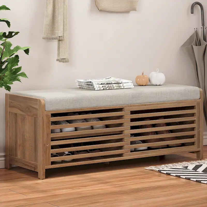 Navy Distressed Shutter Storage Bench with Acacia Veneer, Retro Entryway Seat