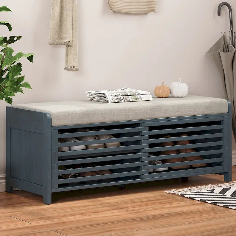 Navy Distressed Shutter Storage Bench with Acacia Veneer, Retro Entryway Seat