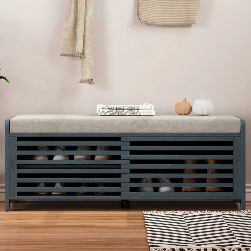 Navy Distressed Shutter Storage Bench with Acacia Veneer, Retro Entryway Seat
