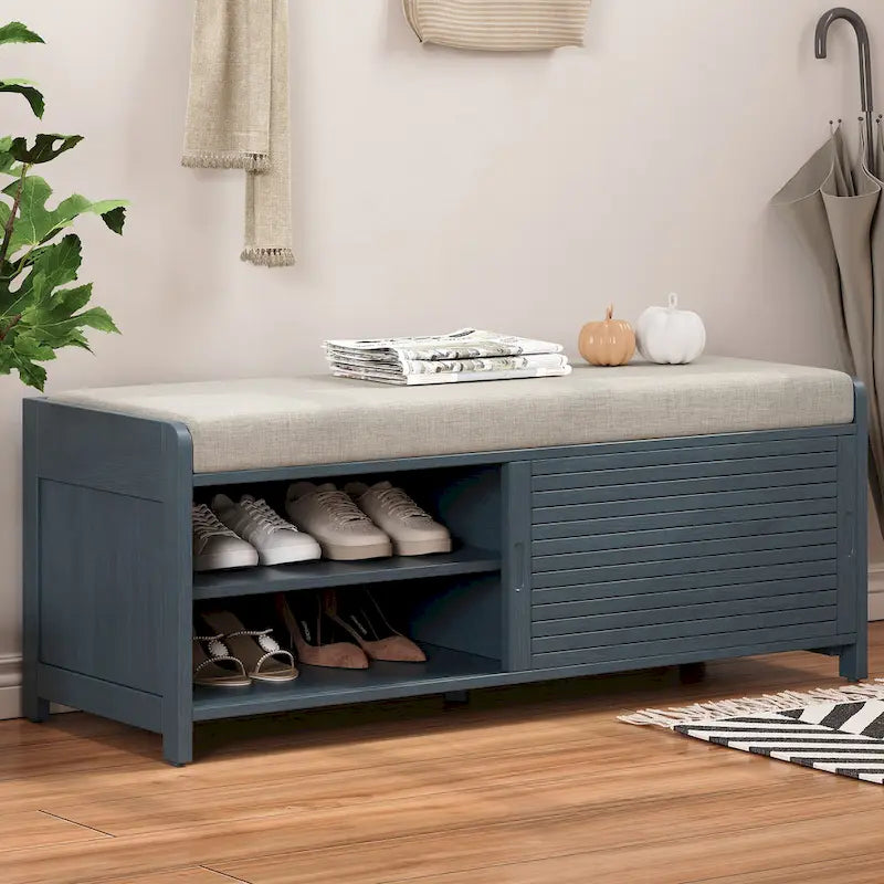 Navy Distressed Shutter Storage Bench with Acacia Veneer, Retro Entryway Seat