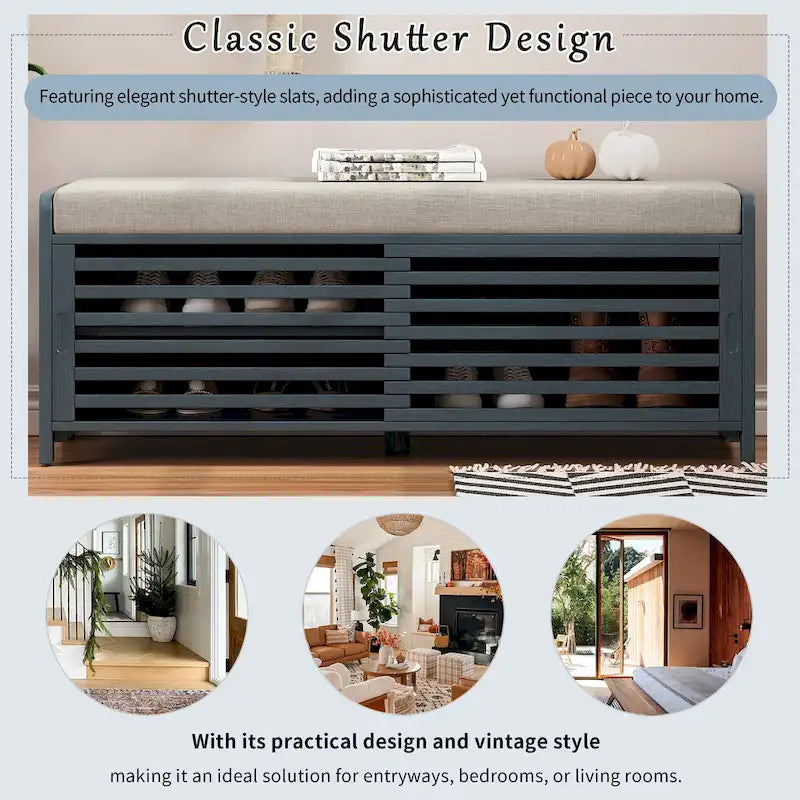 Navy Distressed Shutter Storage Bench with Acacia Veneer, Retro Entryway Seat