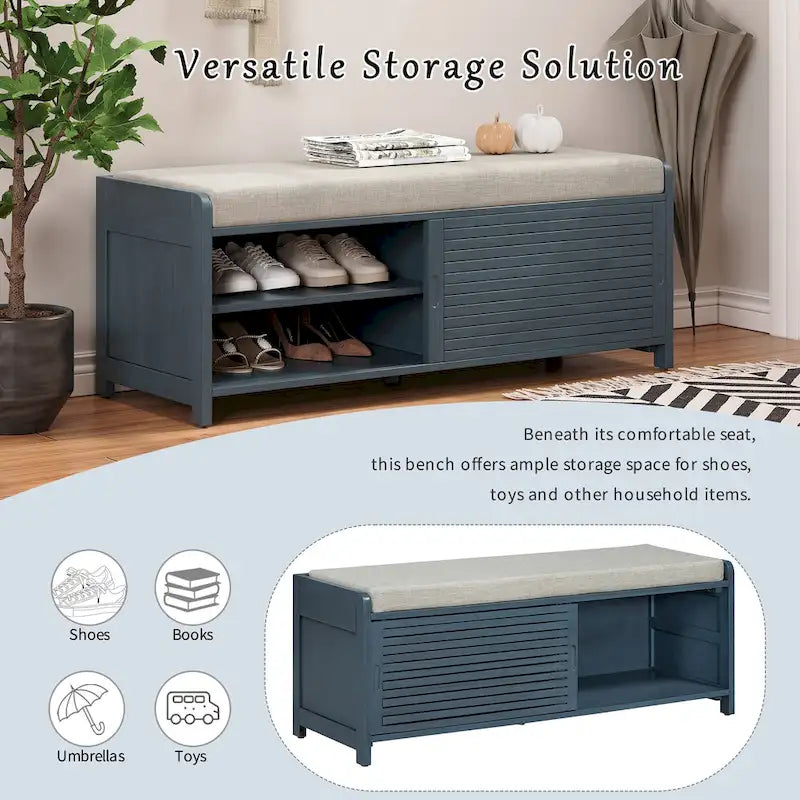 Navy Distressed Shutter Storage Bench with Acacia Veneer, Retro Entryway Seat
