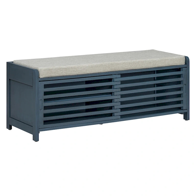 Navy Distressed Shutter Storage Bench with Acacia Veneer, Retro Entryway Seat