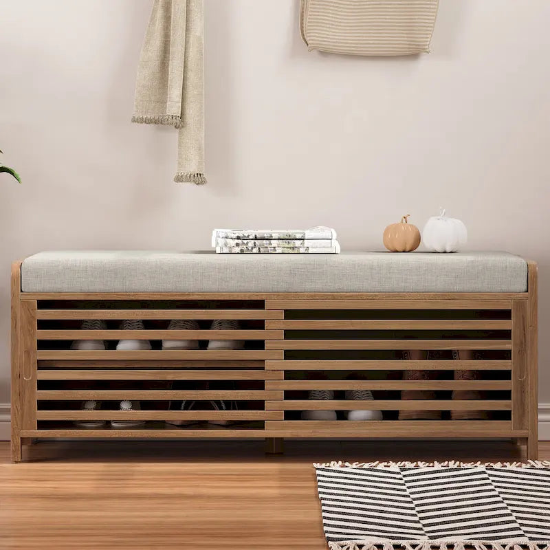 Navy Distressed Shutter Storage Bench with Acacia Veneer, Retro Entryway Seat