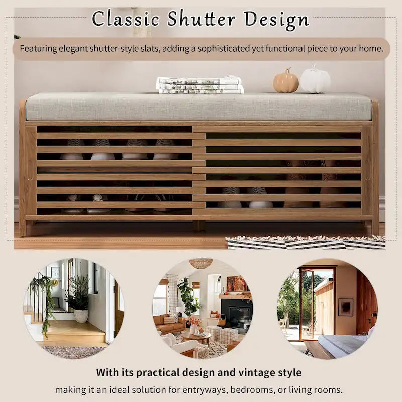 Navy Distressed Shutter Storage Bench with Acacia Veneer, Retro Entryway Seat