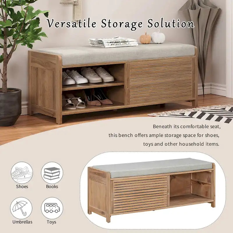 Navy Distressed Shutter Storage Bench with Acacia Veneer, Retro Entryway Seat
