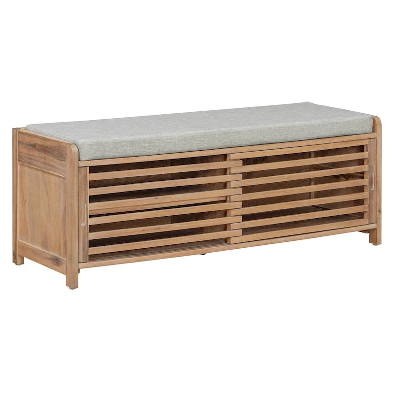Navy Distressed Shutter Storage Bench with Acacia Veneer, Retro Entryway Seat