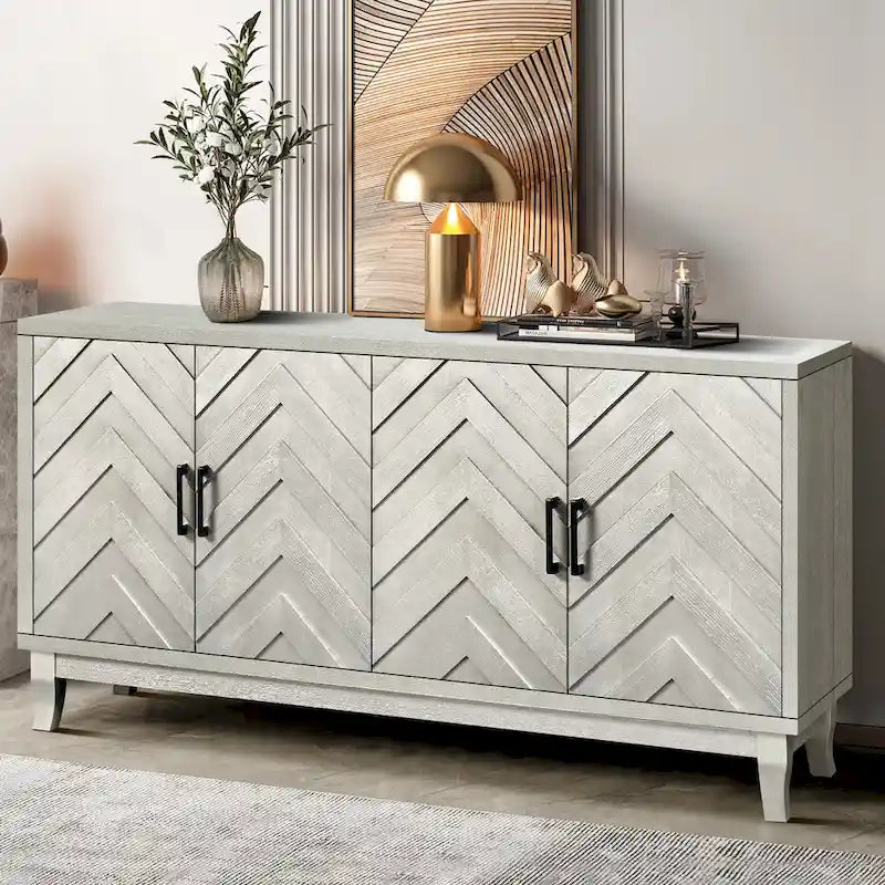 Vintage 4-Door Buffet Sideboard with 3D Wave-Stripe Doors