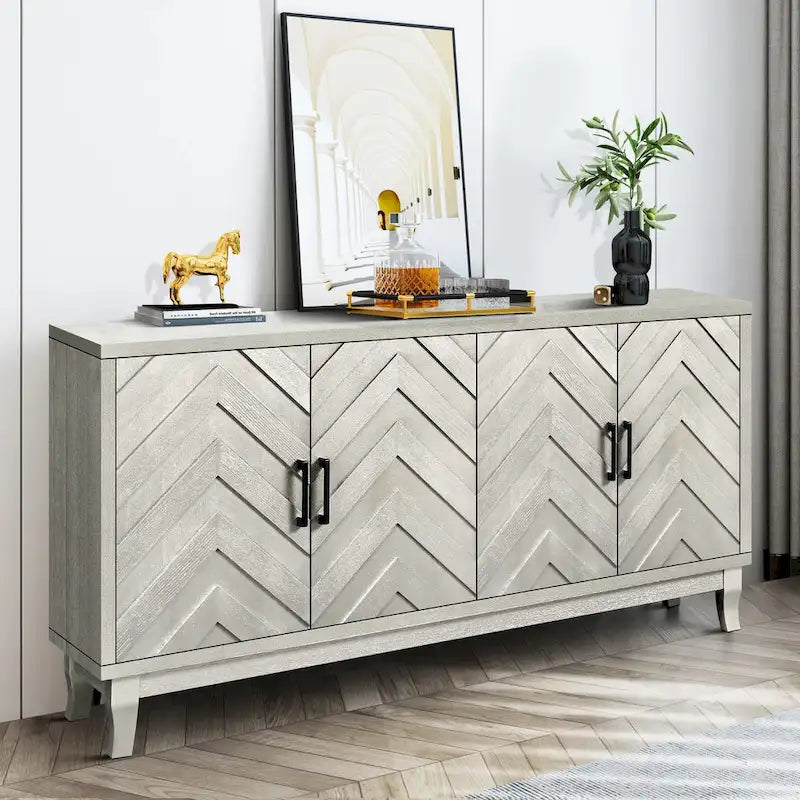 Vintage 4-Door Buffet Sideboard with 3D Wave-Stripe Doors