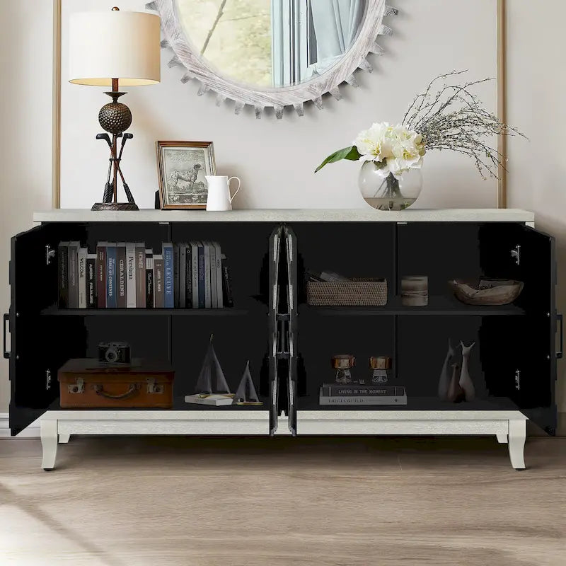 Vintage 4-Door Buffet Sideboard with 3D Wave-Stripe Doors