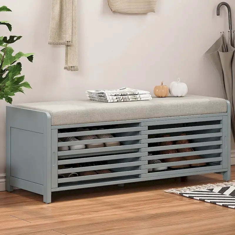 43.3 Inch Solid Wood Shutter Storage Bench with Distressed Slats