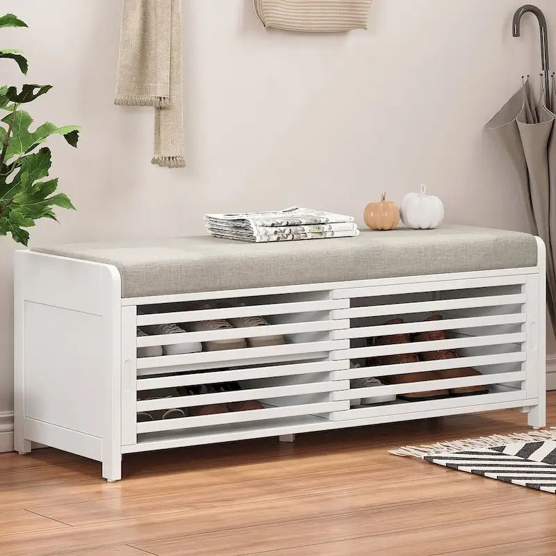 43.3 Inch Solid Wood Shutter Storage Bench with Distressed Slats