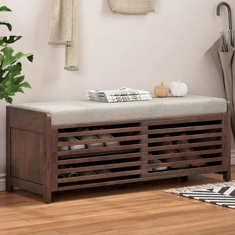 43.3 Inch Solid Wood Shutter Storage Bench with Distressed Slats