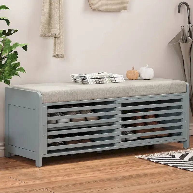 43.3 Inch Solid Wood Shutter Storage Bench with Distressed Slats