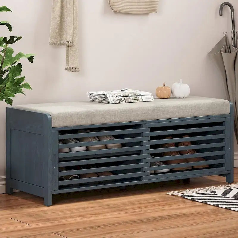 43.3 Inch Solid Wood Shutter Storage Bench with Distressed Slats