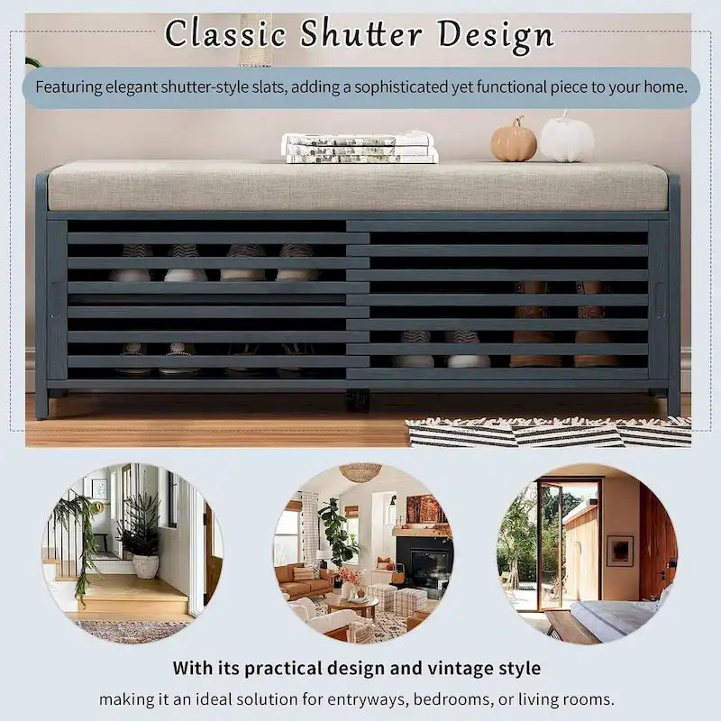 43.3 Inch Solid Wood Shutter Storage Bench with Distressed Slats