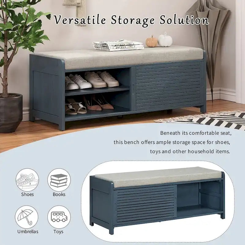 43.3 Inch Solid Wood Shutter Storage Bench with Distressed Slats