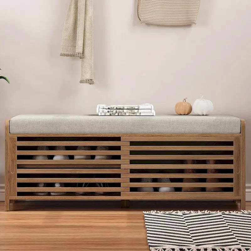 43.3 Inch Solid Wood Shutter Storage Bench with Distressed Slats