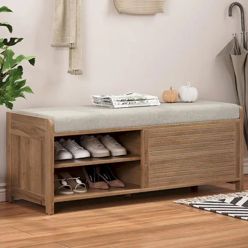 43.3 Inch Solid Wood Shutter Storage Bench with Distressed Slats