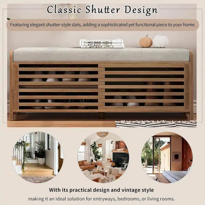 43.3 Inch Solid Wood Shutter Storage Bench with Distressed Slats