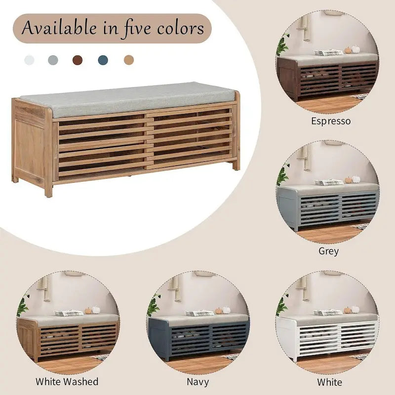 43.3 Inch Solid Wood Shutter Storage Bench with Distressed Slats