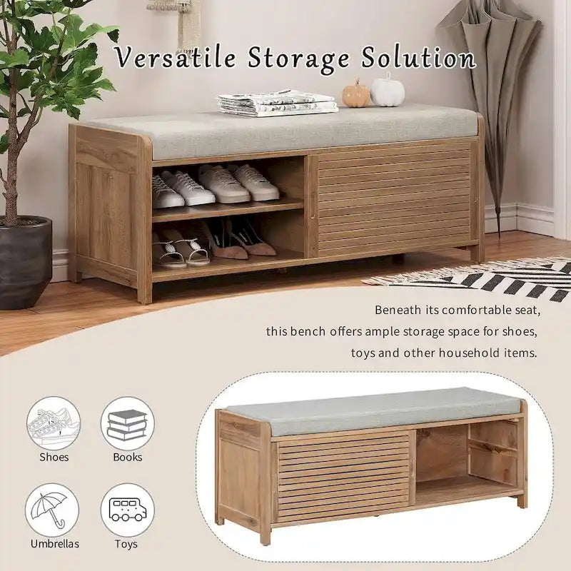 43.3 Inch Solid Wood Shutter Storage Bench with Distressed Slats