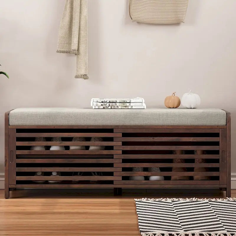 43.3 Inch Solid Wood Shutter Storage Bench with Distressed Slats