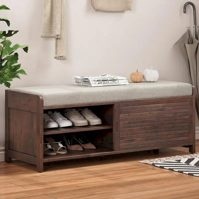 43.3 Inch Solid Wood Shutter Storage Bench with Distressed Slats