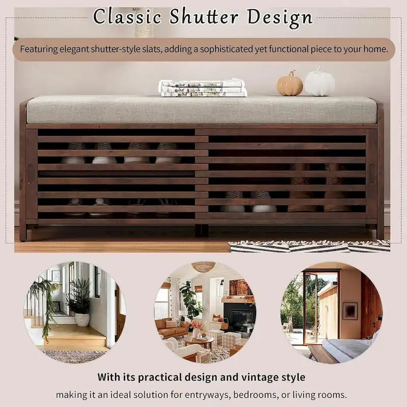 43.3 Inch Solid Wood Shutter Storage Bench with Distressed Slats