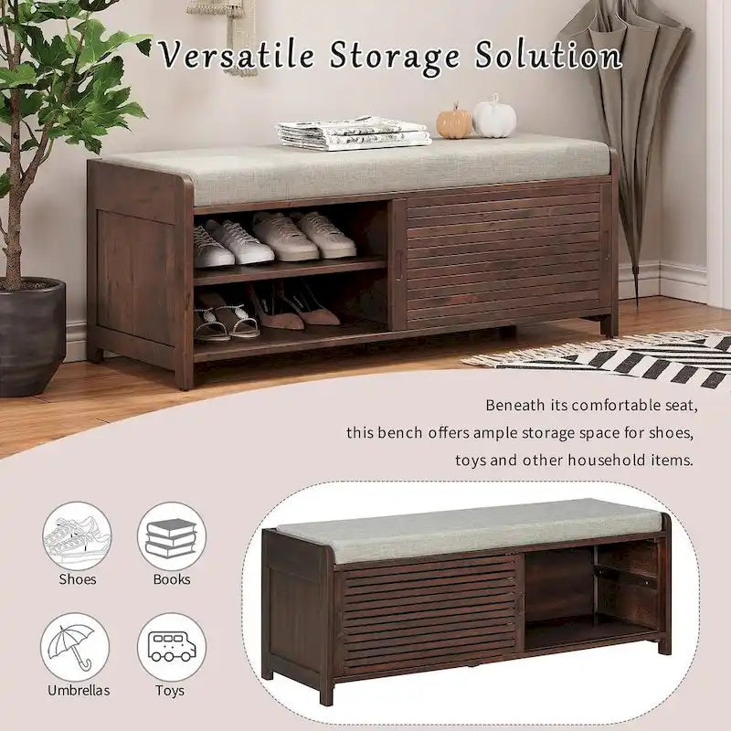 43.3 Inch Solid Wood Shutter Storage Bench with Distressed Slats