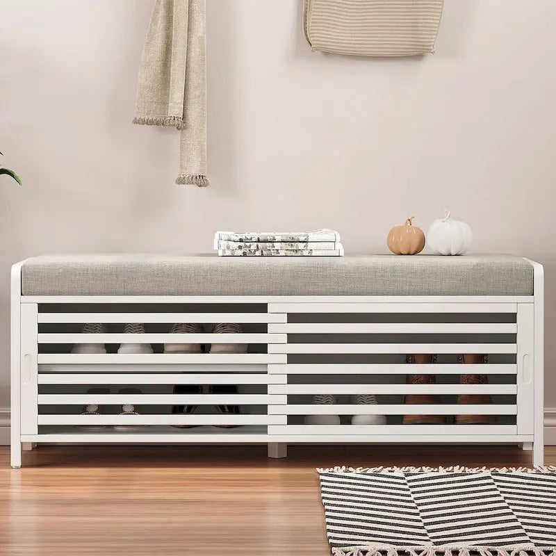 43.3 Inch Solid Wood Shutter Storage Bench with Distressed Slats