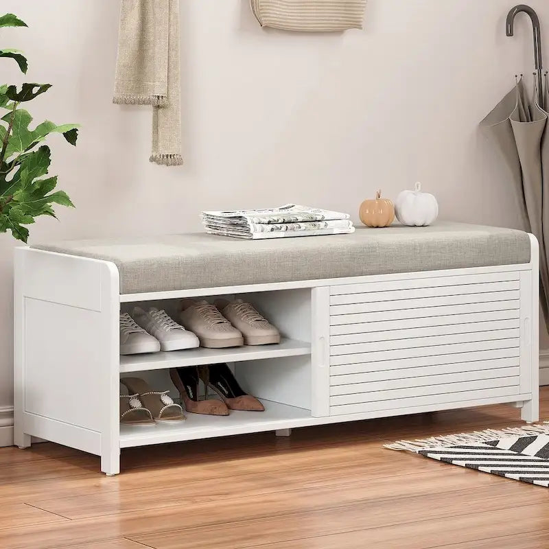43.3 Inch Solid Wood Shutter Storage Bench with Distressed Slats