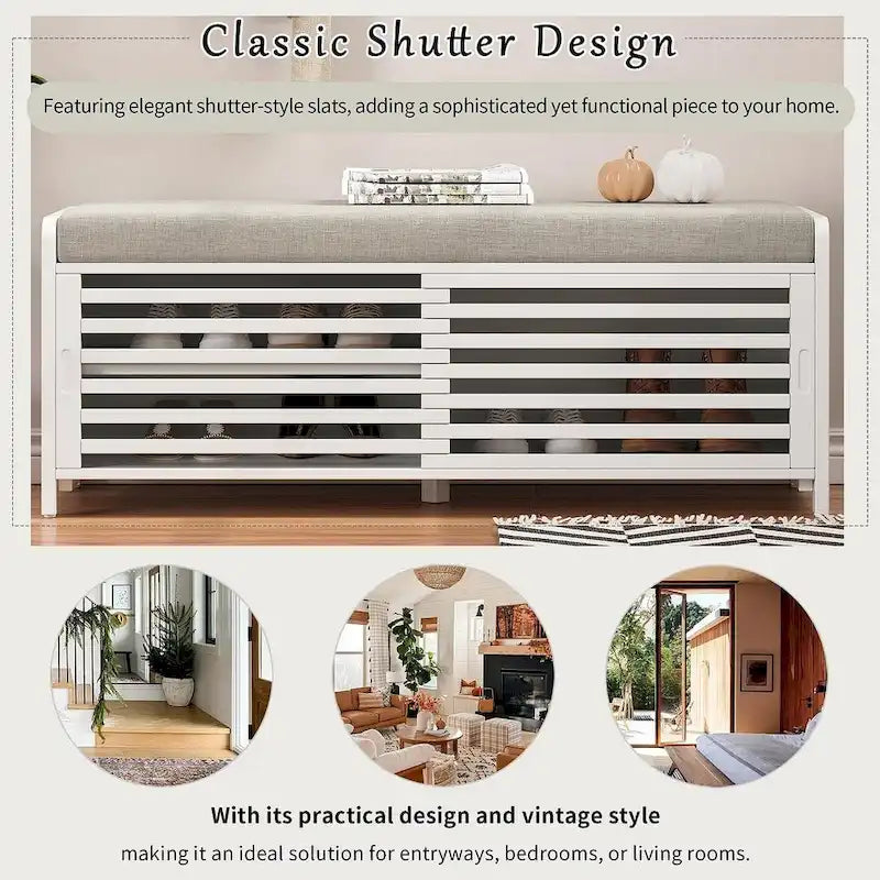 43.3 Inch Solid Wood Shutter Storage Bench with Distressed Slats