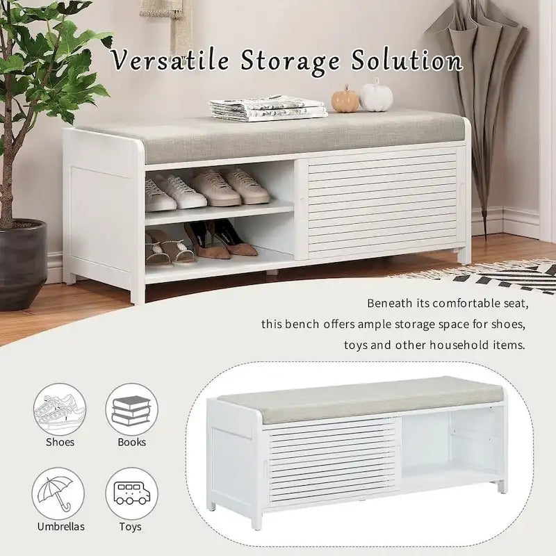 43.3 Inch Solid Wood Shutter Storage Bench with Distressed Slats