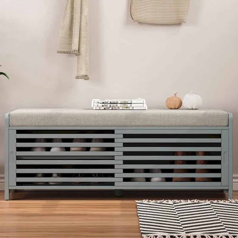 43.3 Inch Solid Wood Shutter Storage Bench with Distressed Slats