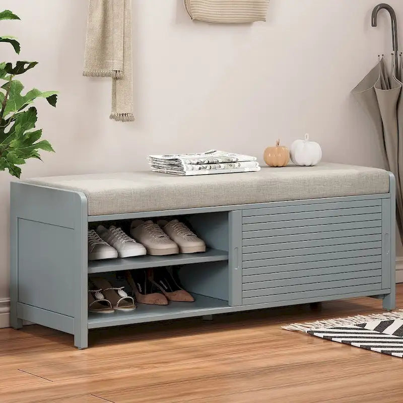 43.3 Inch Solid Wood Shutter Storage Bench with Distressed Slats