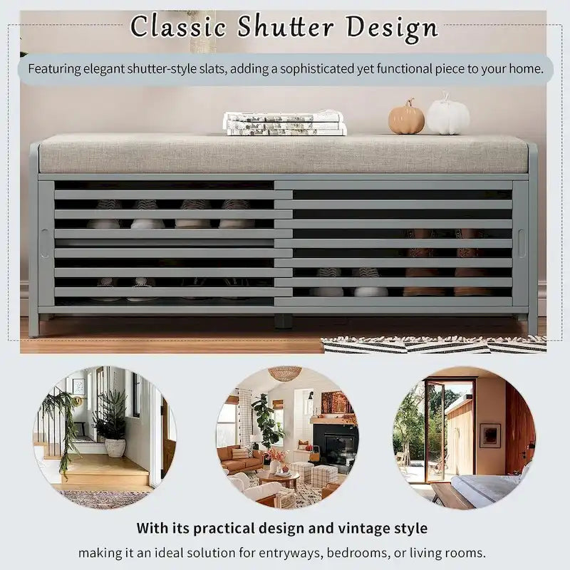43.3 Inch Solid Wood Shutter Storage Bench with Distressed Slats