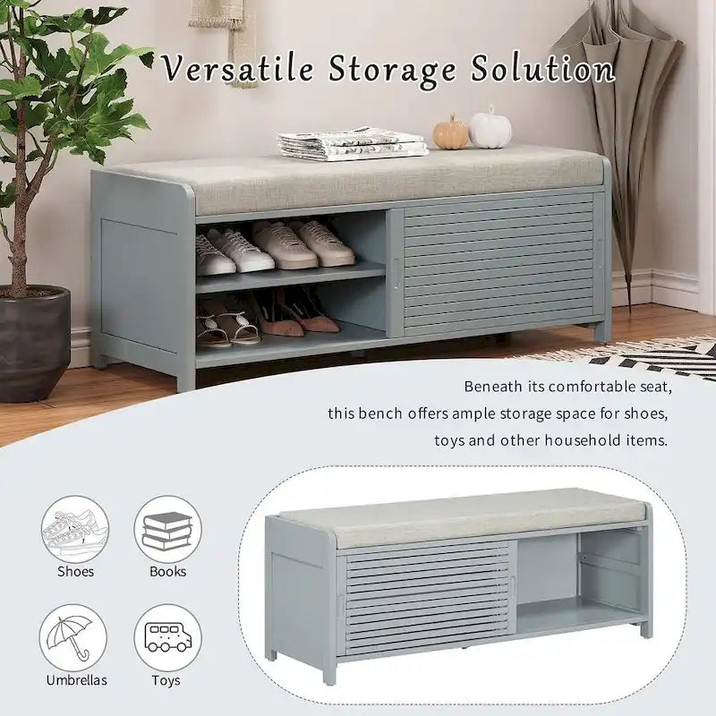 43.3 Inch Solid Wood Shutter Storage Bench with Distressed Slats