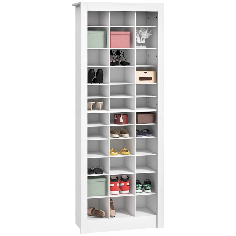 71 Inch Tall Narrow White Shoe Cabinet with Open Cubes, Holds 36 Pairs