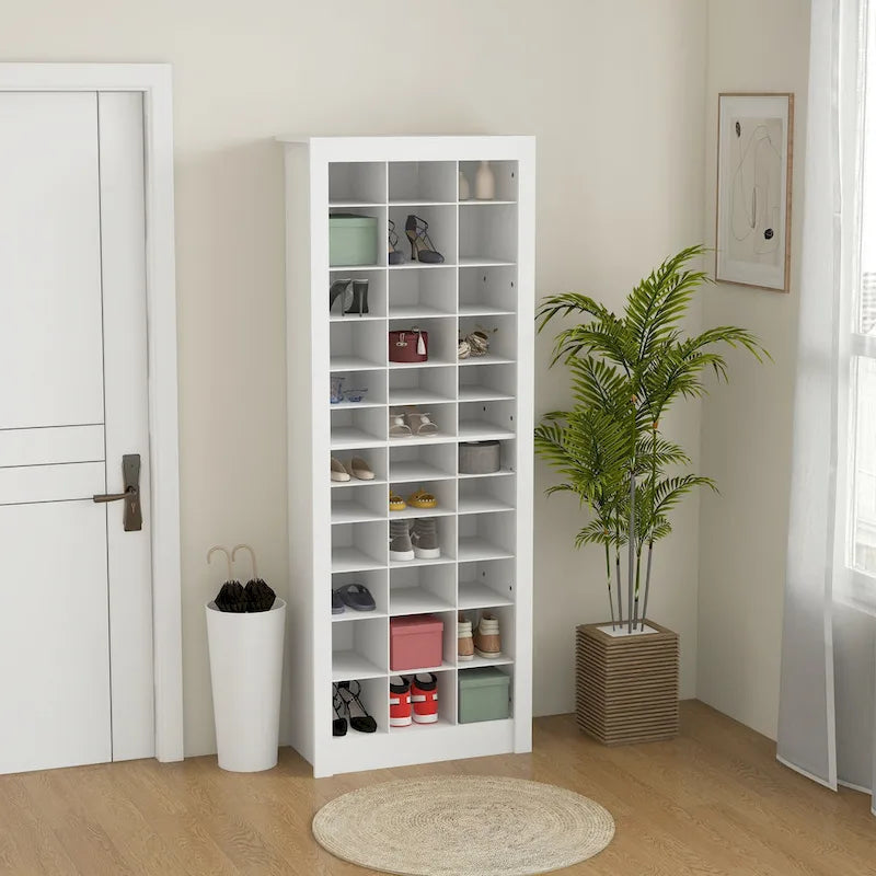 71 Inch Tall Narrow White Shoe Cabinet with Open Cubes, Holds 36 Pairs