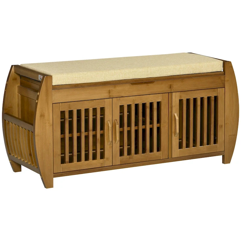 Bamboo Shoe Bench with Storage Cabinets and 3 Doors