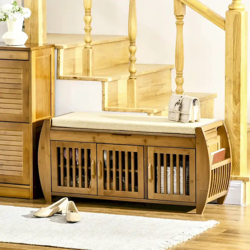 Bamboo Shoe Bench with Storage Cabinets and 3 Doors