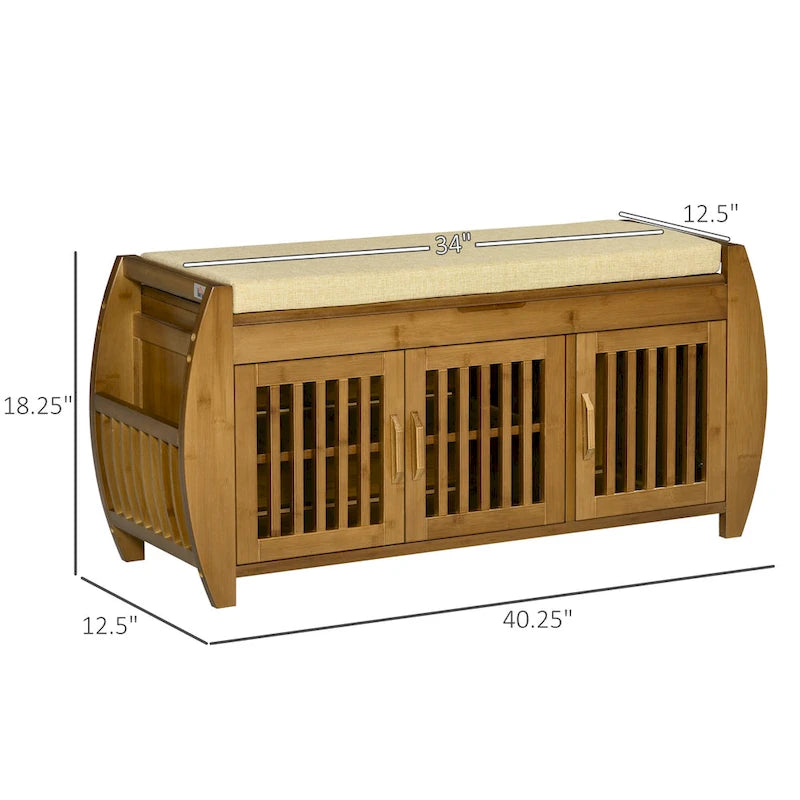 Bamboo Shoe Bench with Storage Cabinets and 3 Doors