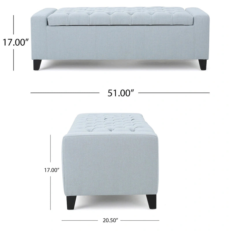 Light Blue Fabric Storage Ottoman Bench with Tufted Top, 51 Inch