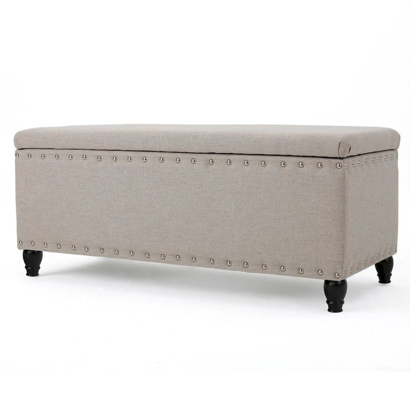 Beige Fabric Storage Ottoman Bench with Nailhead Trim, 42 Inch