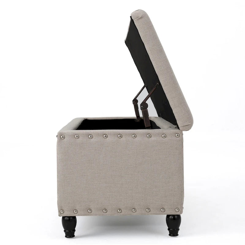 Beige Fabric Storage Ottoman Bench with Nailhead Trim, 42 Inch
