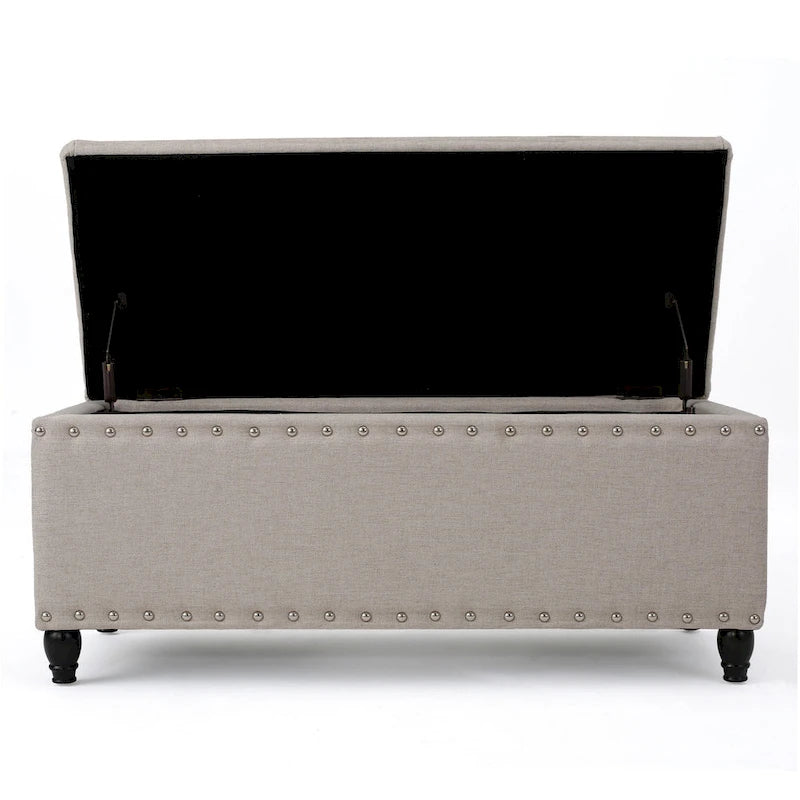 Beige Fabric Storage Ottoman Bench with Nailhead Trim, 42 Inch