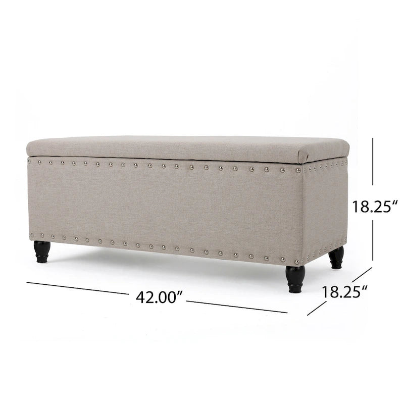 Beige Fabric Storage Ottoman Bench with Nailhead Trim, 42 Inch
