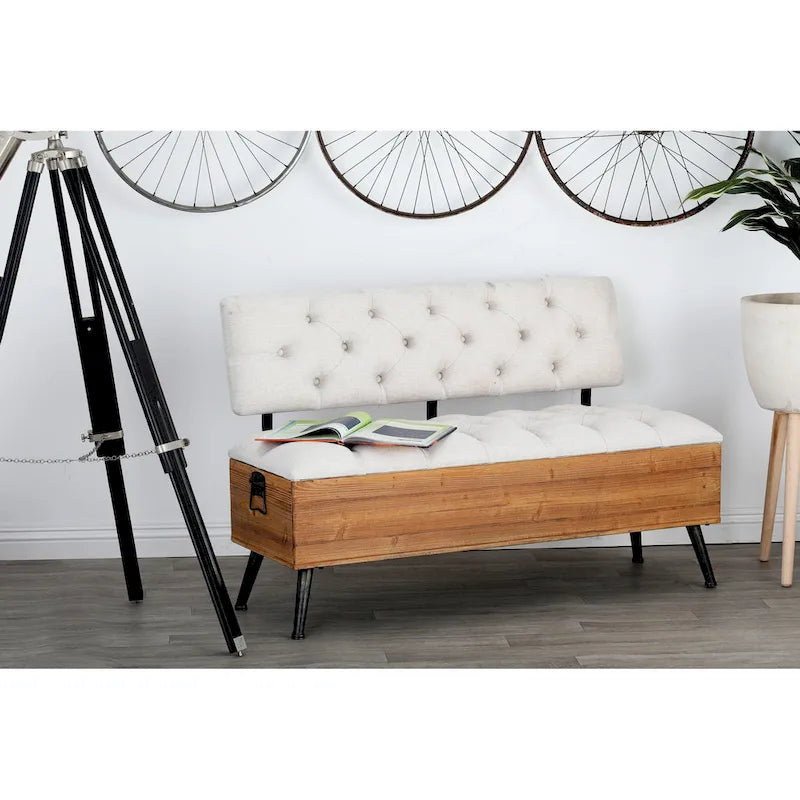 Wood Storage Bench with Cream Tufted Seat and Back, White - 20W x 48L x 30H