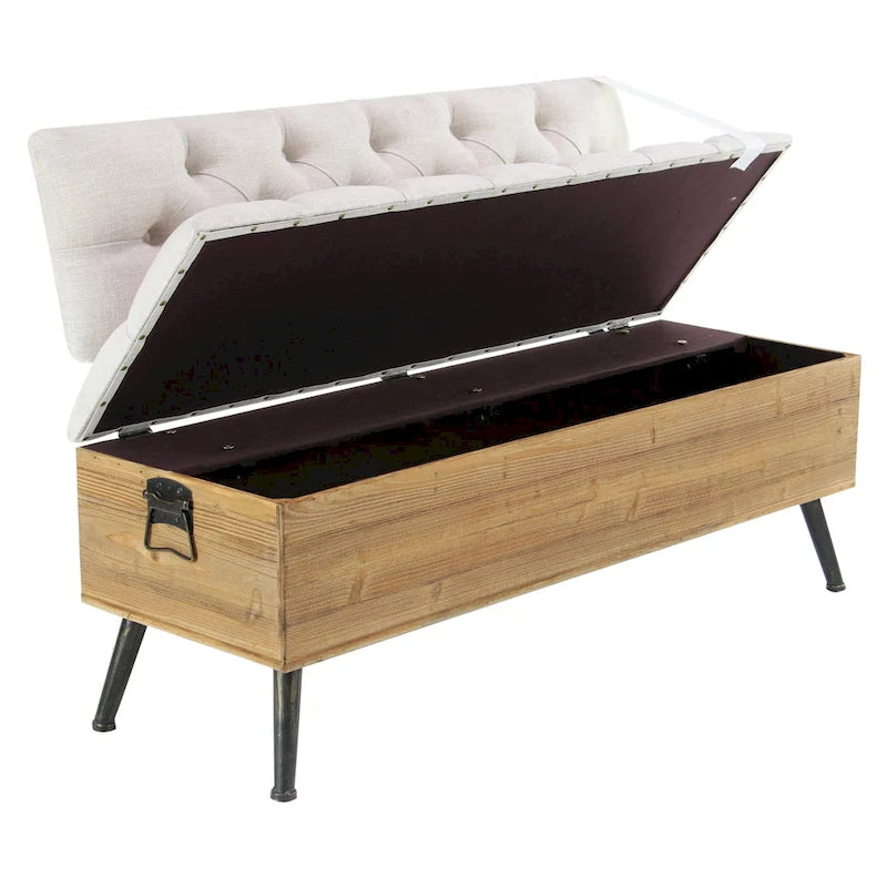 Wood Storage Bench with Cream Tufted Seat and Back, White - 20W x 48L x 30H